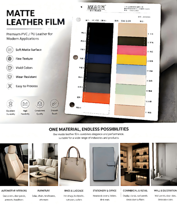 MATTE LEATHER FILM ผลิตภัณฑ์เครื่องหนังบรรจุภัณฑ์หลากหลายประเภท มีให้เลือกทั้งประเภท PVC PU และกึ่ง PU สำหรับใช้ในอุตสาหกรรมหลายประเภท