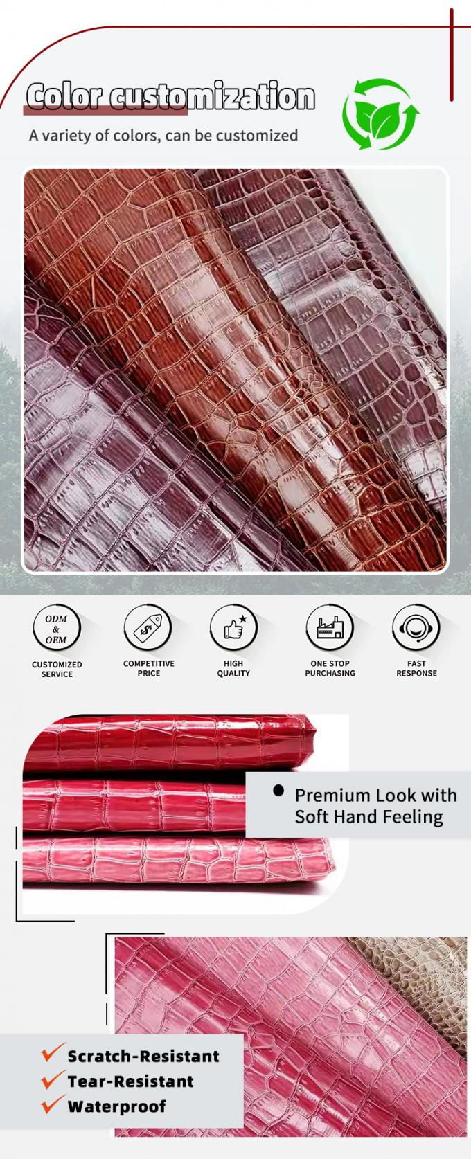 หนังเทียม PVC ลายนูนจระเข้ หนังเทียมสังเคราะห์สีสดใสสำหรับรองเท้า กระเป๋า เฟอร์นิเจอร์ งานฝีมือ 4