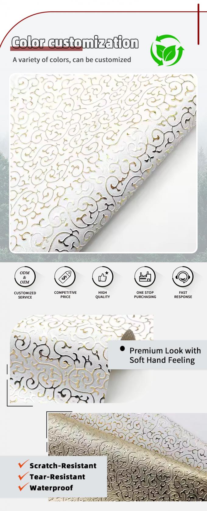 หนังเทียมสังเคราะห์สไตล์นูนลายฟิล์มทอง PVC สำหรับกระเป๋า กล่องบรรจุภัณฑ์ รองเท้า สมุดโน้ต ผ้า 4